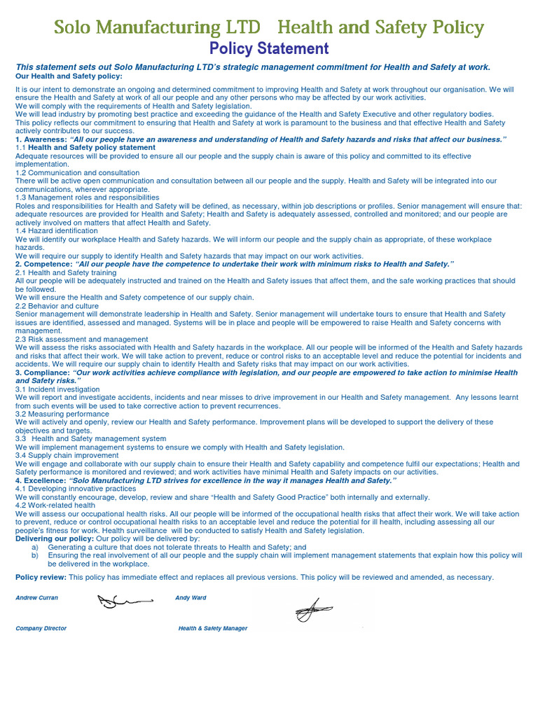 Solo Health and Safeyt Policy 17 | PDF | Occupational Safety And Health ...
