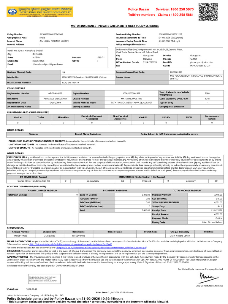 Policy Copy | PDF | Insurance | Cheque