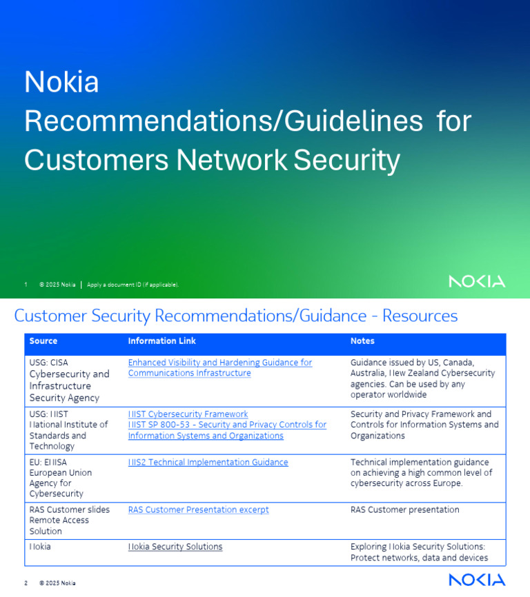 Nokia Recommendations & Guidelines for Customers Network Security | PDF