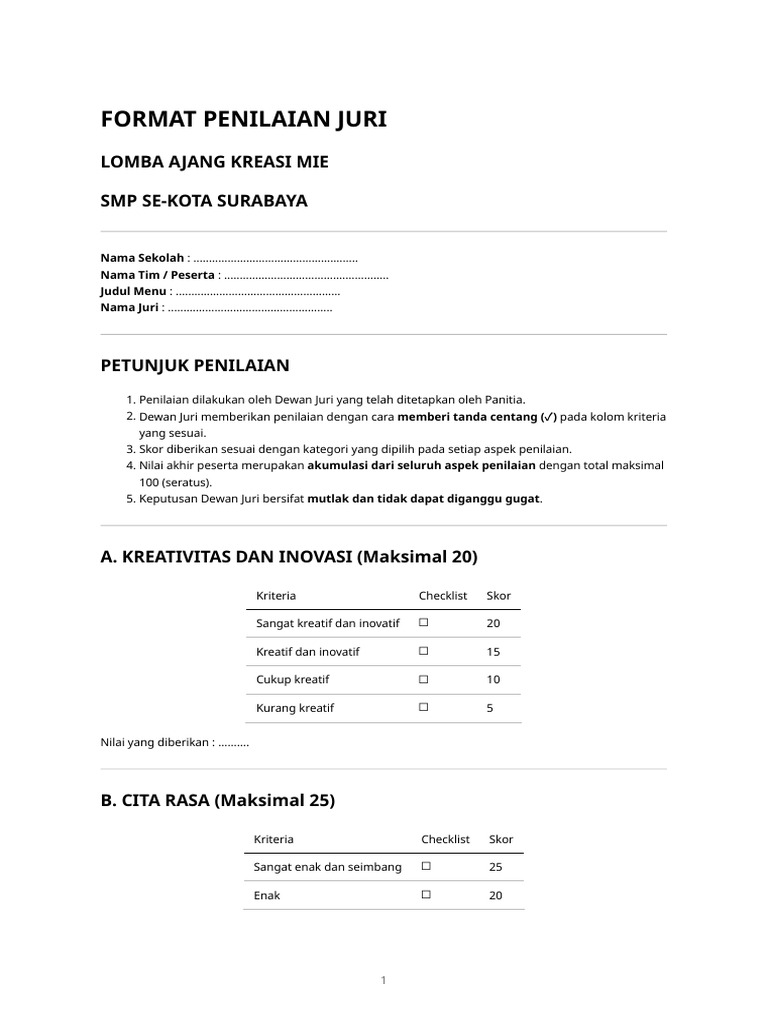 Format Penilaian Checklist Dan Angka - Lomba Kreasi Mie SMP | PDF