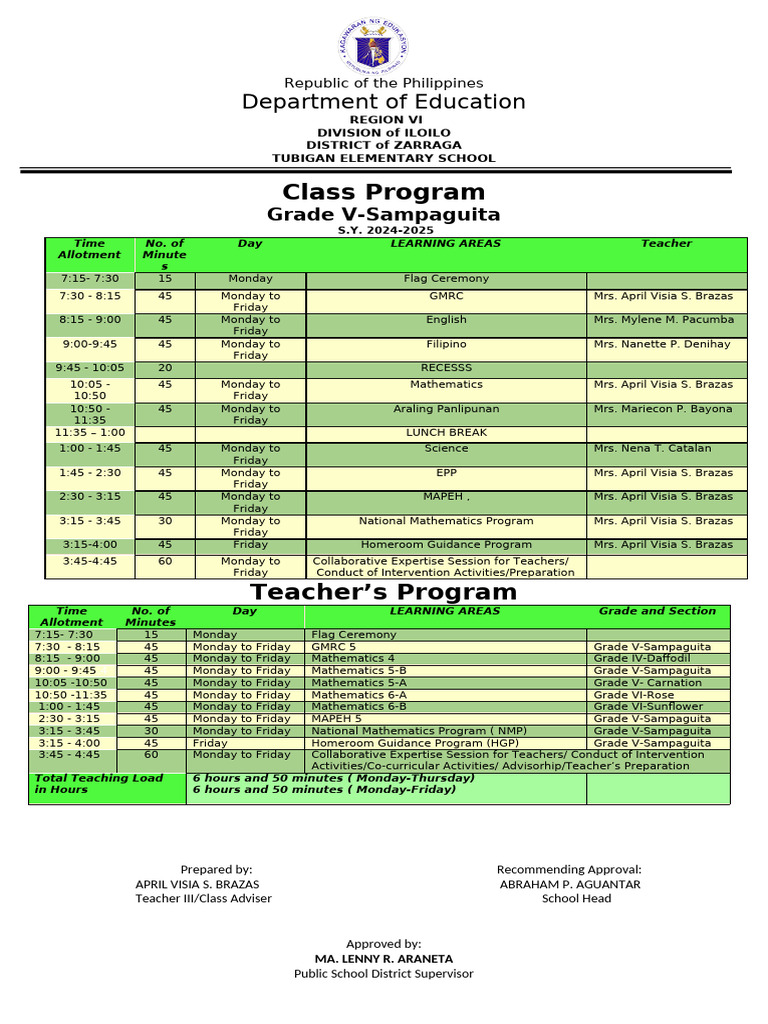 Class Program s.y. 2024 2025 Grade 4 Iyosan Es Copy | PDF | Philippines ...