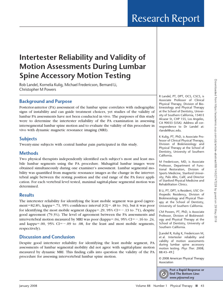 Intertester Reliability and Validity of - Motion Assessments During ...