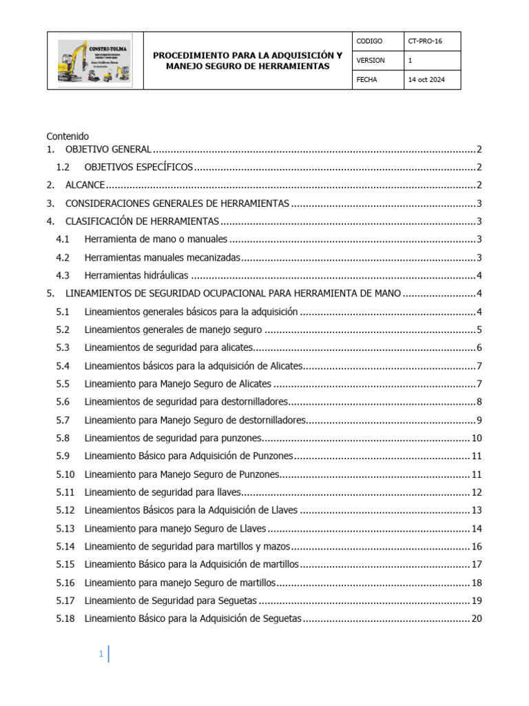 Procedimiento para La Adquisicion y Manejo Seguro de Herramientas | PDF ...