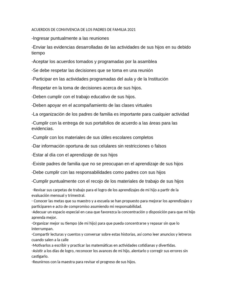 Acuerdos de Convivencia de Los Padres de Familia 2021 | PDF