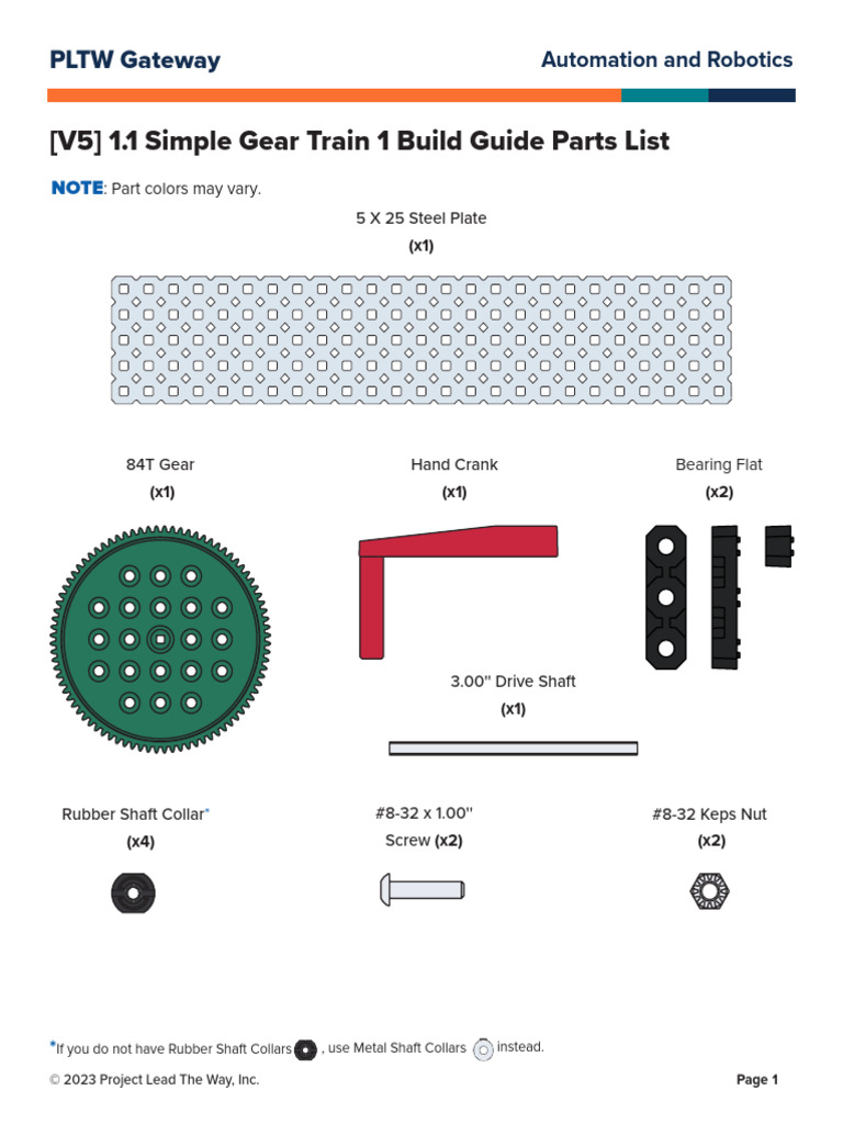 AR 1 1SimpleGearTrainBuildGuide1 PartsList V5 | PDF