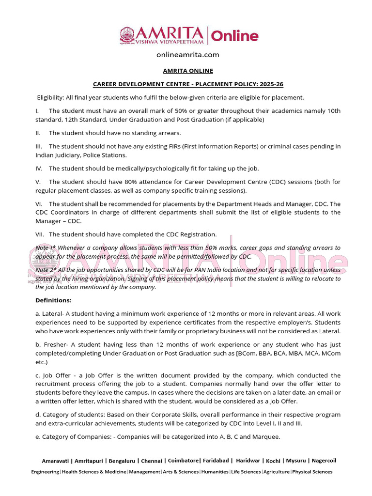 Amrita Online - CDC Placement Policy 2025-26 Signed | PDF | Government ...