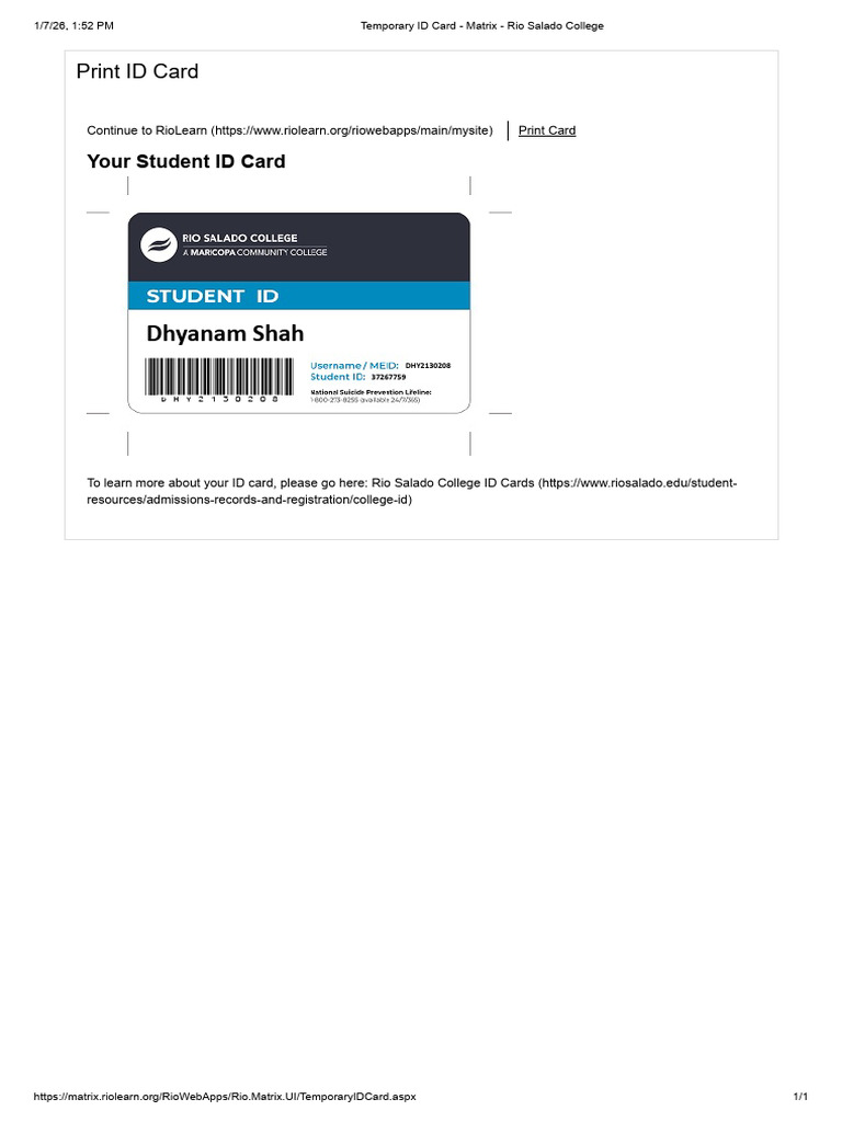 Temporary ID Card - Matrix - Rio Salado College | PDF