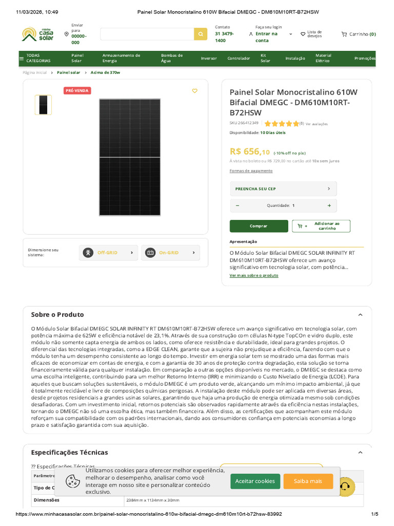 Painel Solar Monocristalino 610W Bifacial DMEGC - DM610M10RT-B72HSW ...