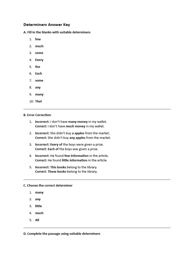 Determiners Answer Key | PDF