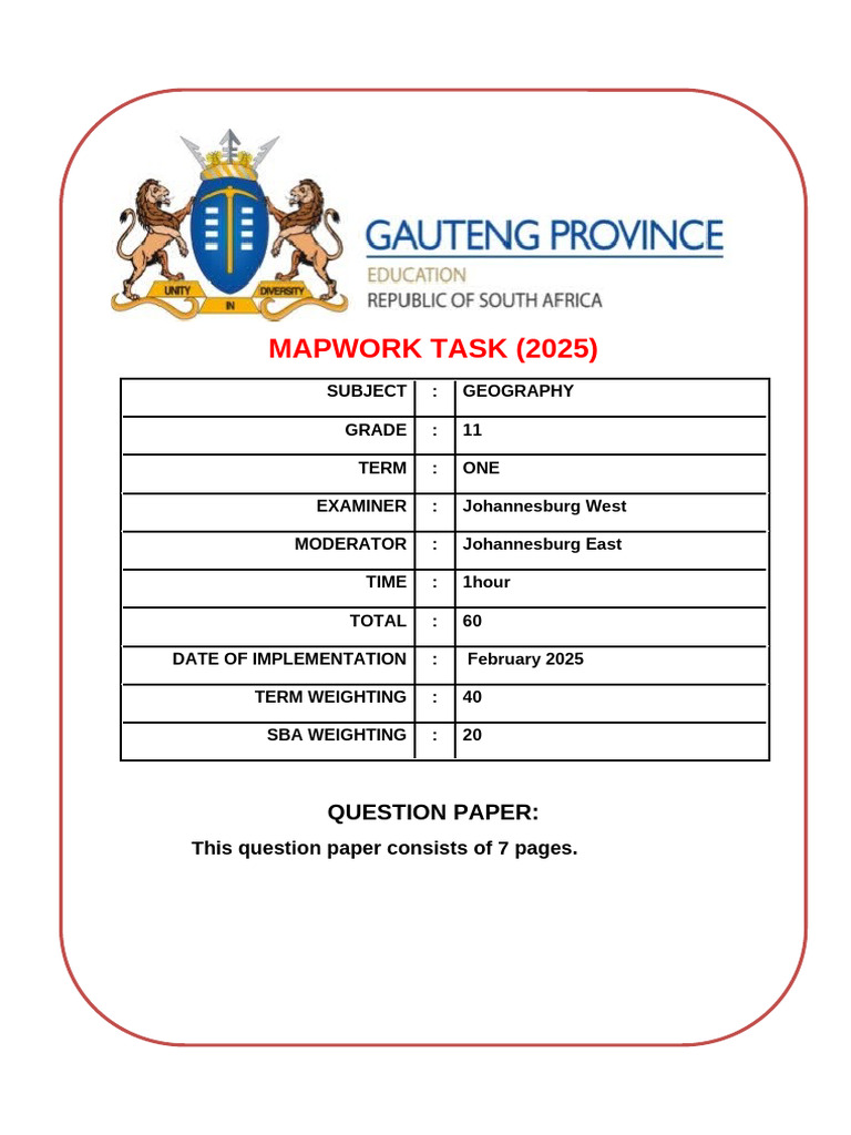 2025 Grade 11 Mapwork Examplar Task Vredendal Question Paper | PDF ...