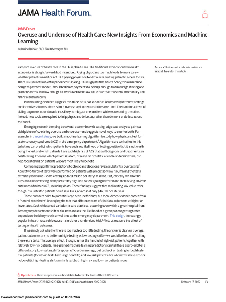 2022_Overuse and Underuse of Health Care | PDF | Machine Learning ...