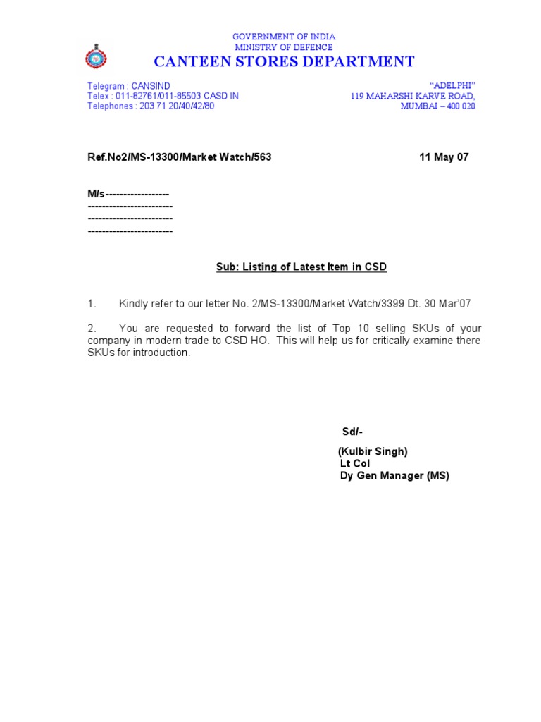 Canteen Stores Department Government of India Ministry of Defence PDF