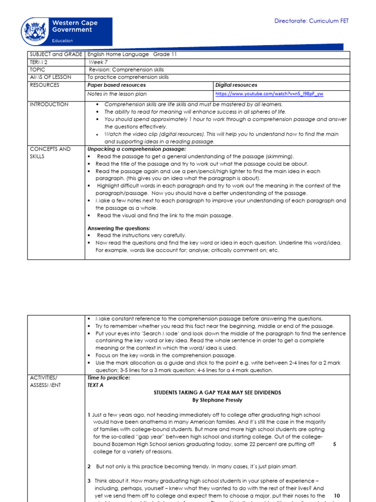 Lesson Plans GR 11 Fal t2, w7 | PDF | Reading Comprehension | Poetry