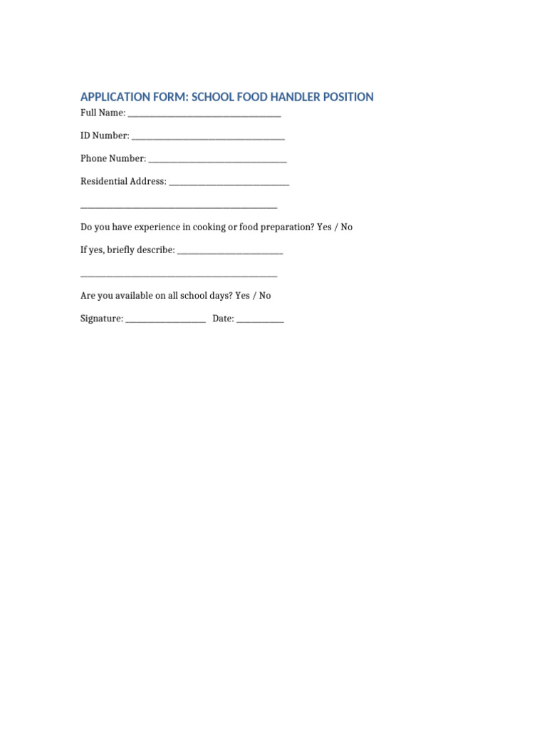 Food Handler Application Form | PDF