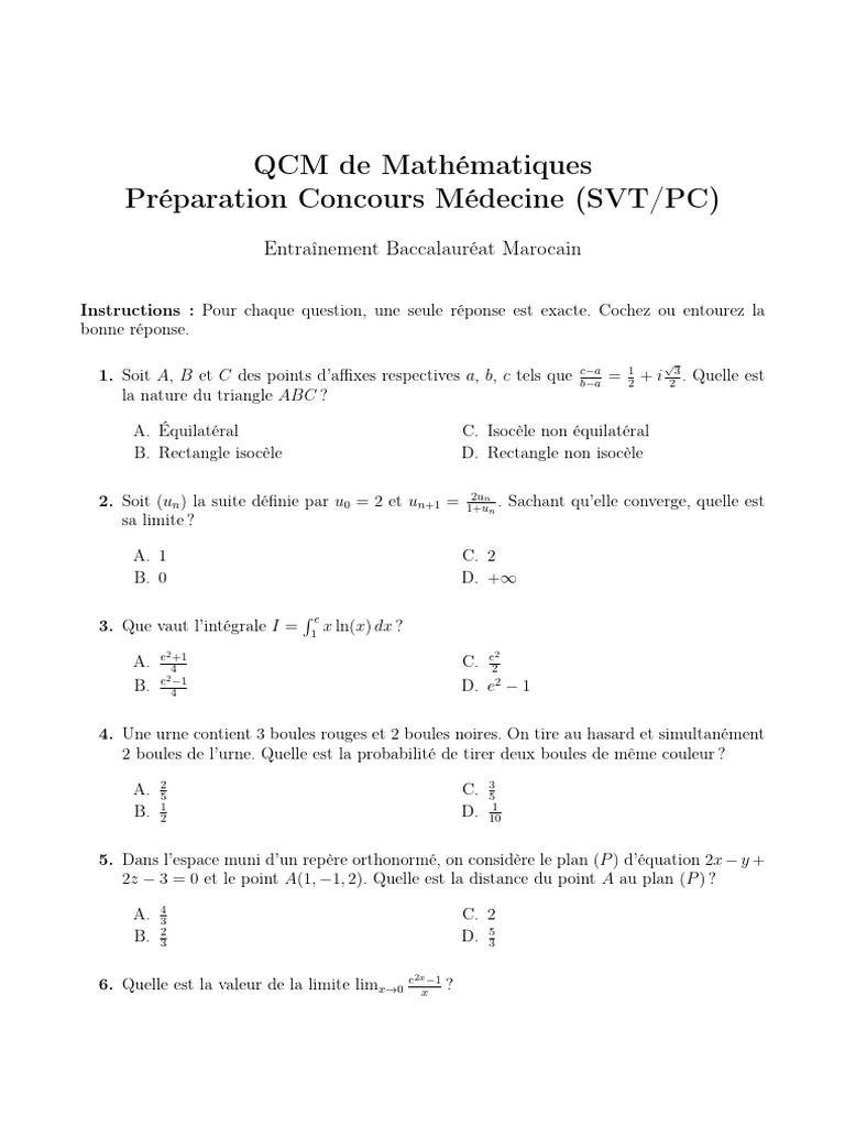 QCM Math 6 Mars | PDF | Limite (mathématiques) | Concepts mathématiques