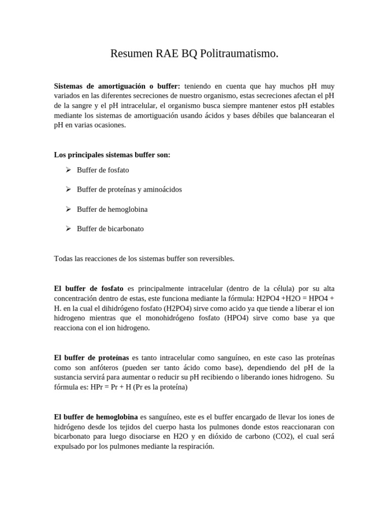 RAE BQ Politraumatismo Resumen | PDF | Solución tampón | Fisiología
