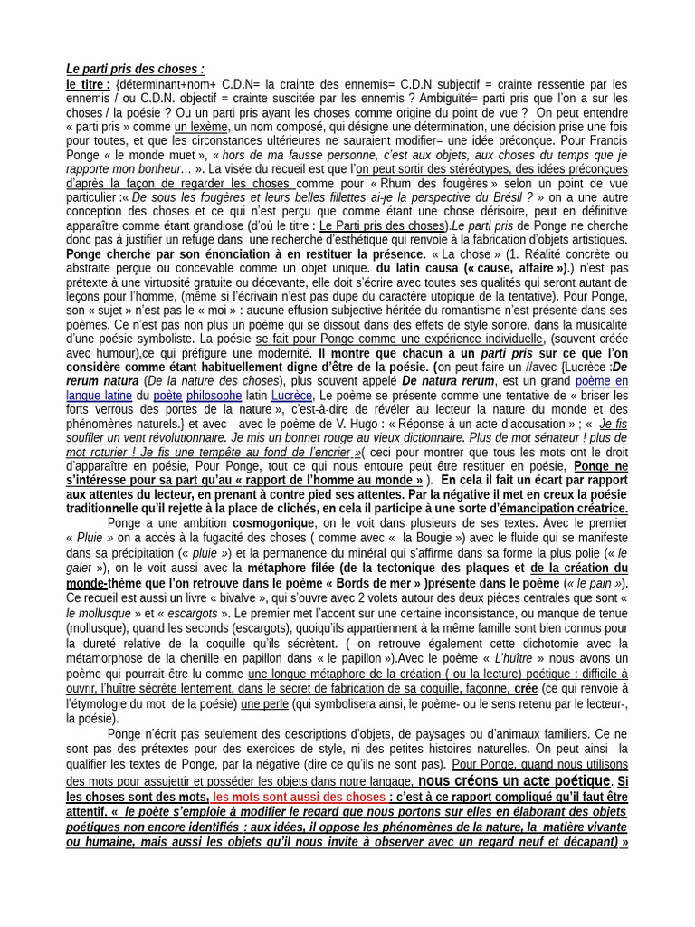 Bilan Final Sur Le Parti Pris Des Choses | PDF | Poésie | Métaphore