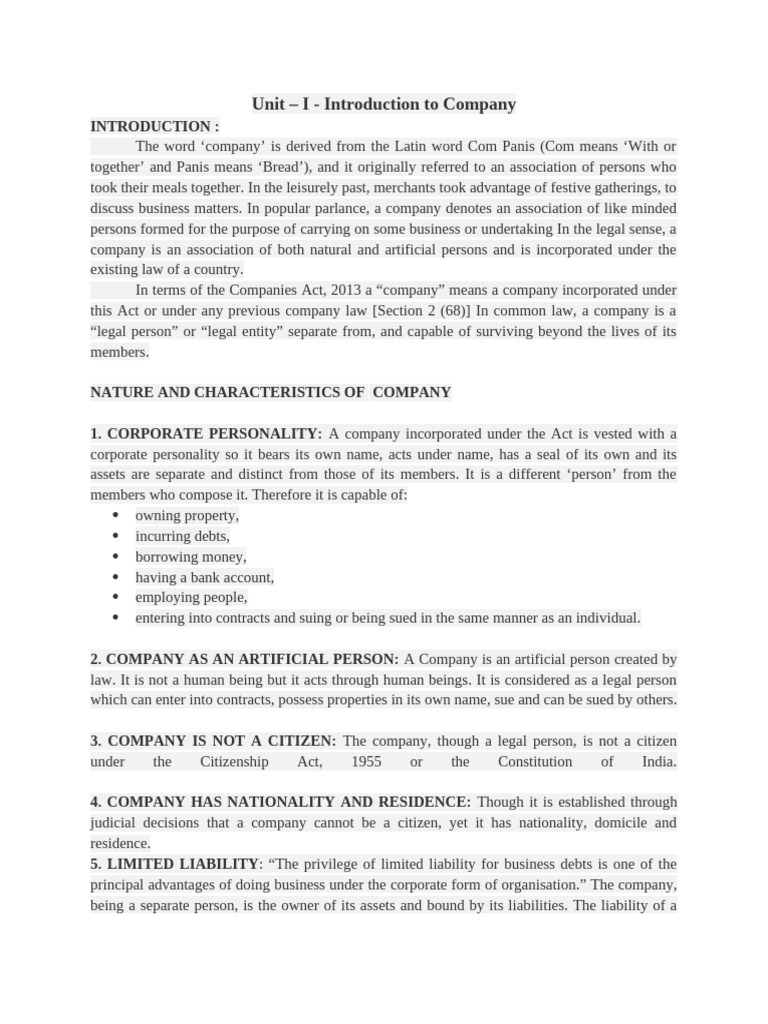 Unit - I - Introduction To Company | PDF | Companies | Citizenship