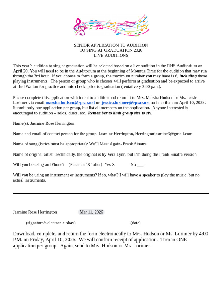 Graduation Singers Application | PDF