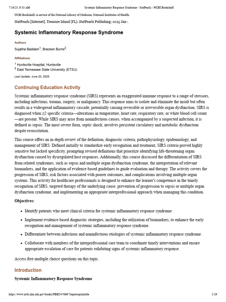 Systemic Inflammatory Response Syndrome | PDF | Sepsis | Inflammation