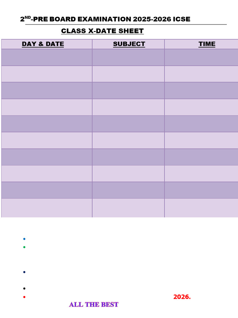 1 3997 2nd- Pre Board Exam Date Sheet Class X-1 | PDF