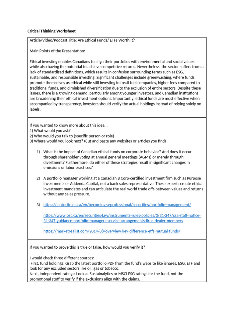 Individual Critical Thinking Worksheet FC | PDF | Exchange Traded Fund ...