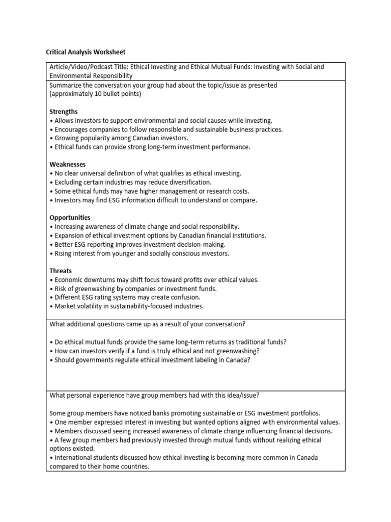 Group Discussion and Analysis Worksheet 2 | PDF | Investing | Business