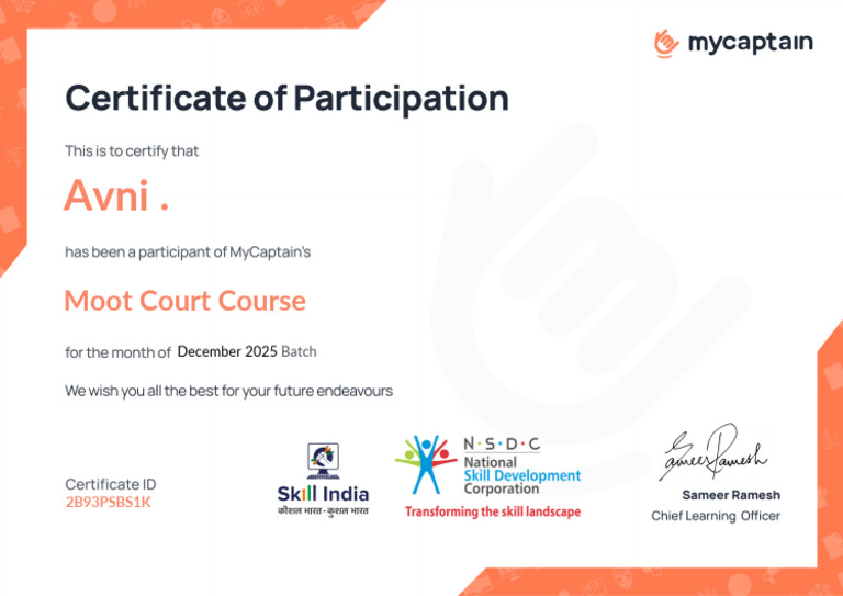 MyCaptain Moot Court Workshop Certificate | PDF