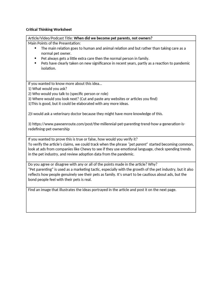 Critical Thinking Worksheet | PDF