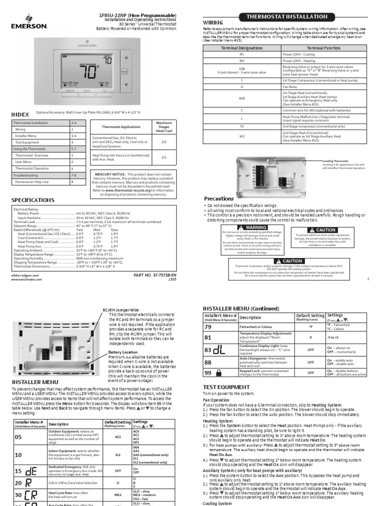 1F85U 22NP Installation Manual | PDF | Thermostat | Temperature