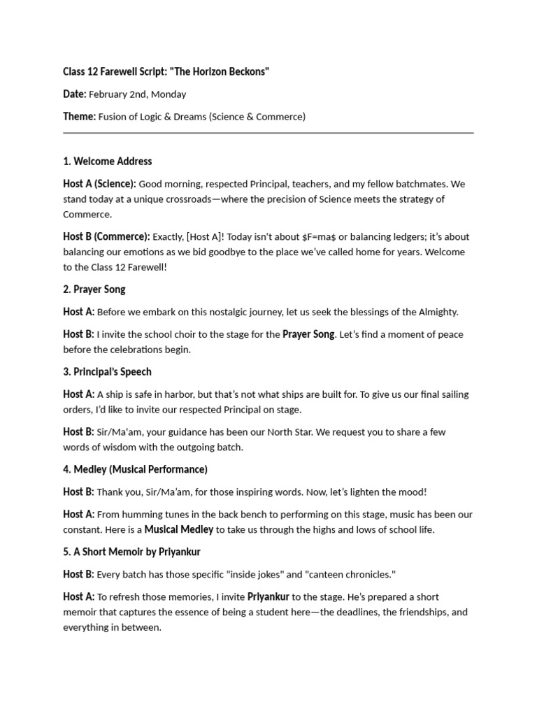 Class 12 Farewell Script | PDF