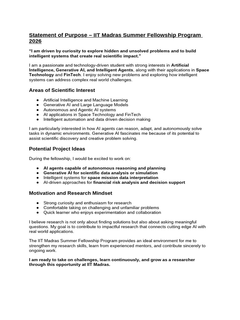 Statement of Purpose - IIT Madras Summer Fellowship Program 2026 | PDF