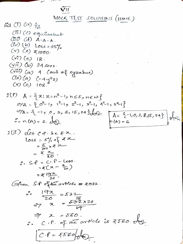 Mock Test Solutions Class 7 | PDF