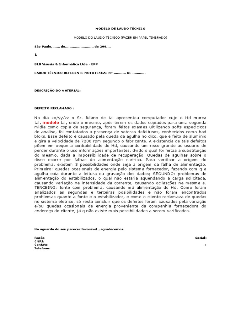 MODELO DE LAUDO TÉCNICO