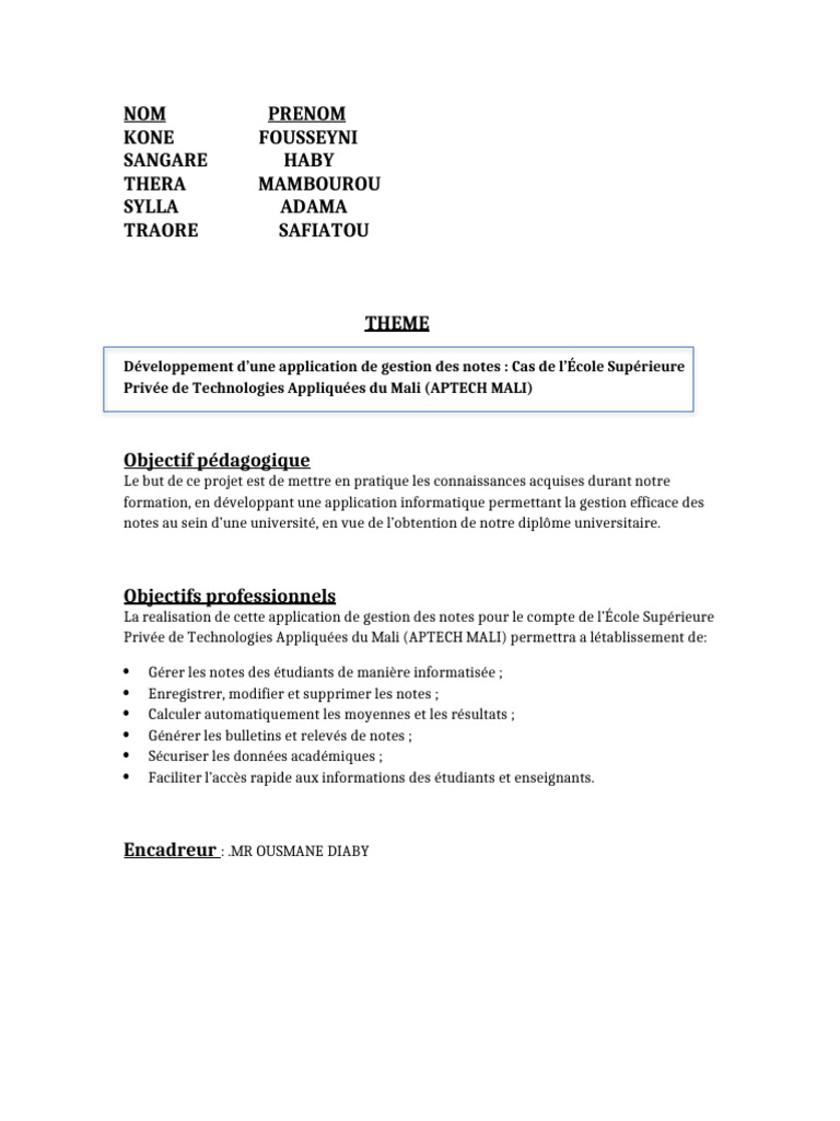 Projet Gestion Des Notes APTECH MALI | PDF