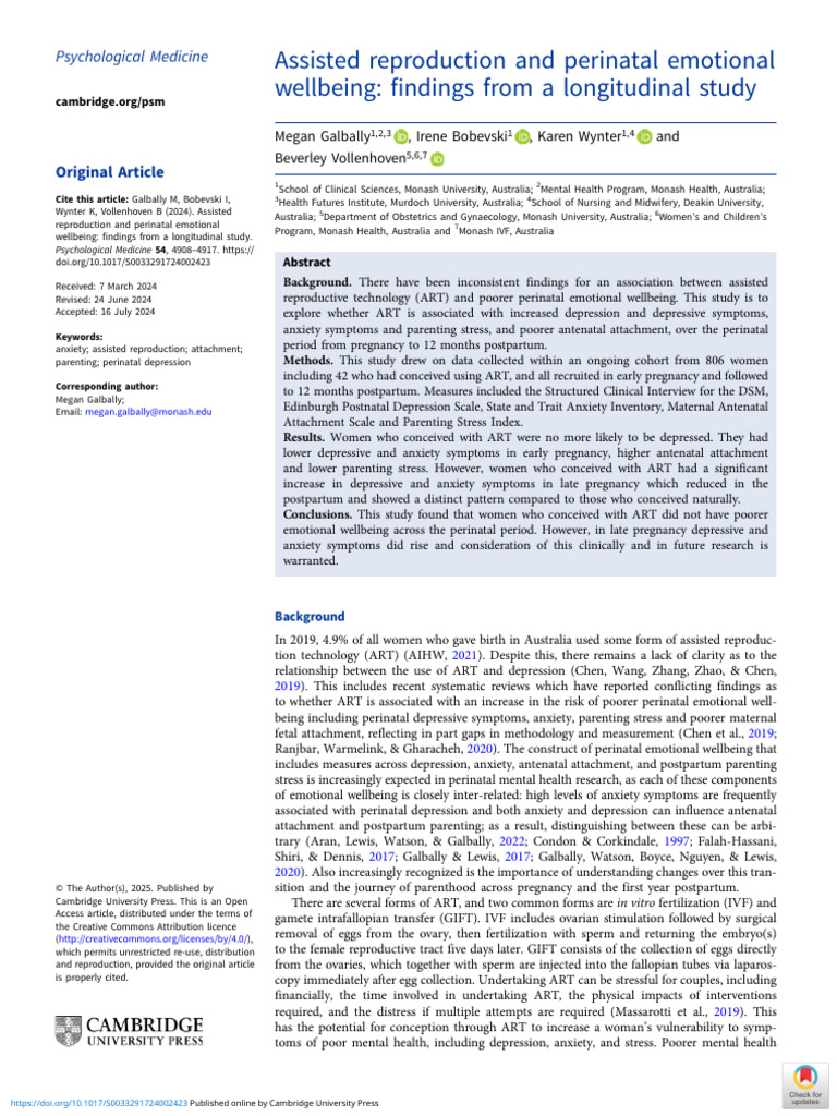 Assisted Reproduction and Perinatal Emotional Wellbeing Findings From a ...