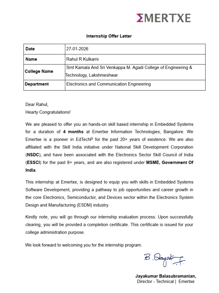 Rahul Kulkarni Internship Offer Letter | PDF