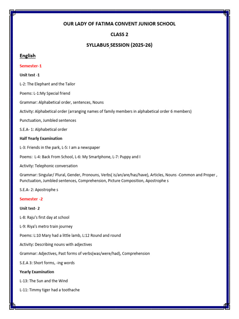 Class2 Syllabus 2025-26 | PDF | Noun | Verb