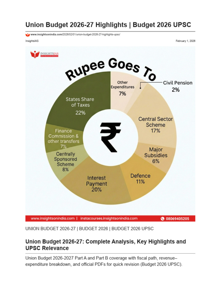 Union Budget 2026-27 Highlights - Budget 2026 UPSC | PDF | Government ...