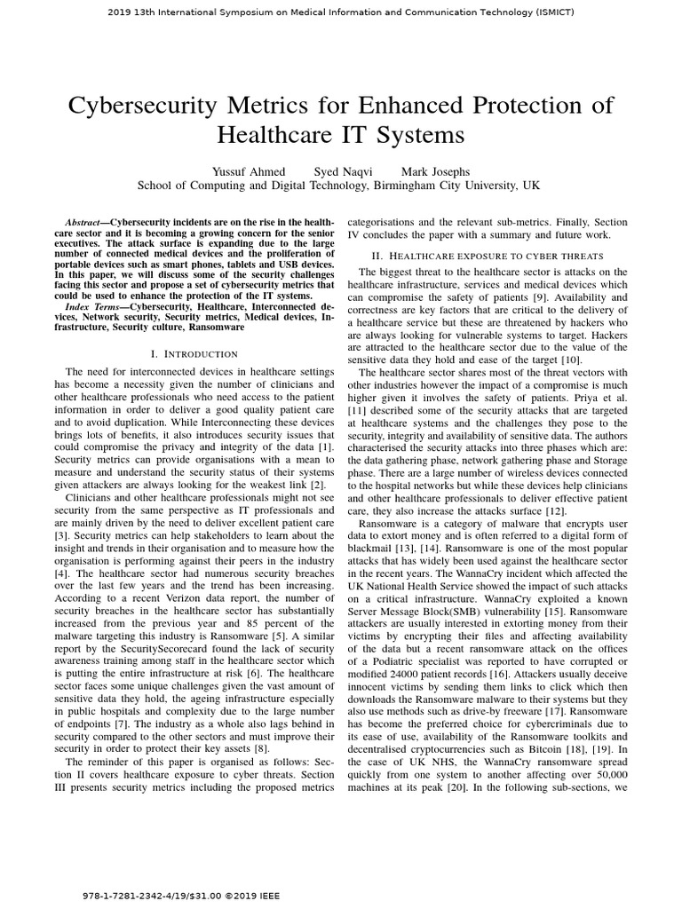 Cybersecurity Metrics For Enhanced Protection of Healthcare IT Systems ...