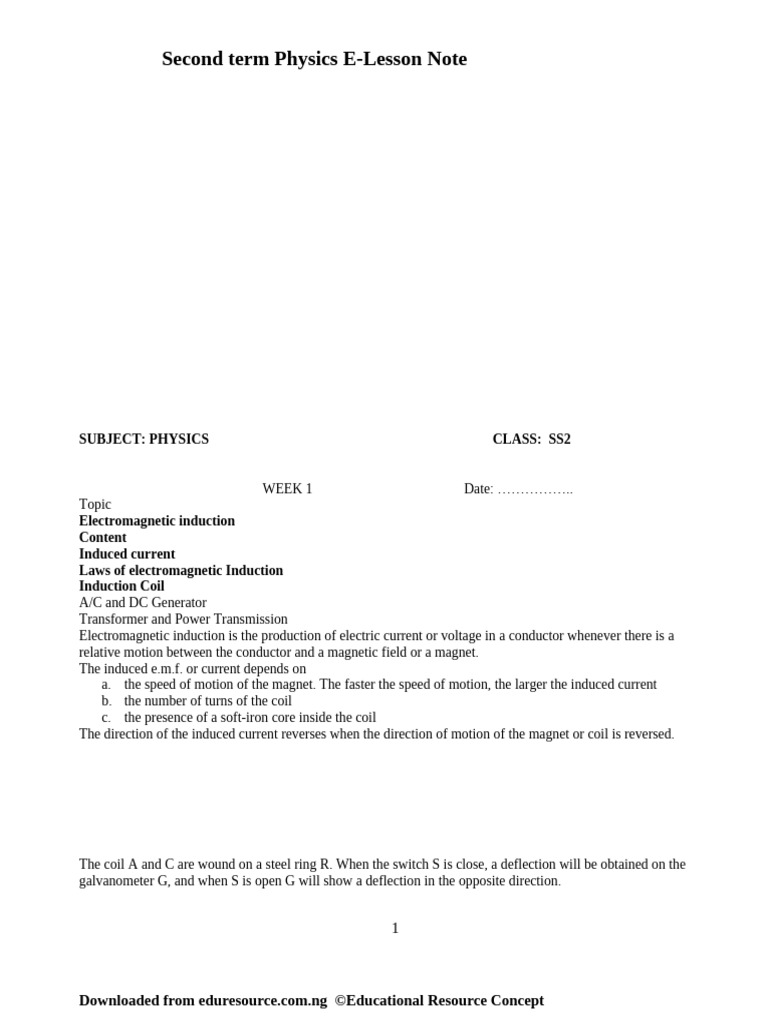 Year 11 Physics Second Term Lesson Note SSS 2 Physics | PDF | Inductor ...