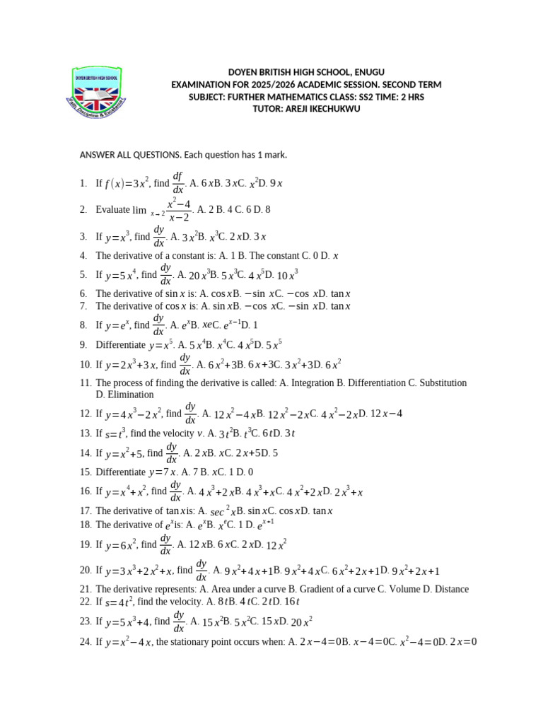 Ss2 Exam Further Maths - 030753 | PDF | Derivative | Mathematical Physics