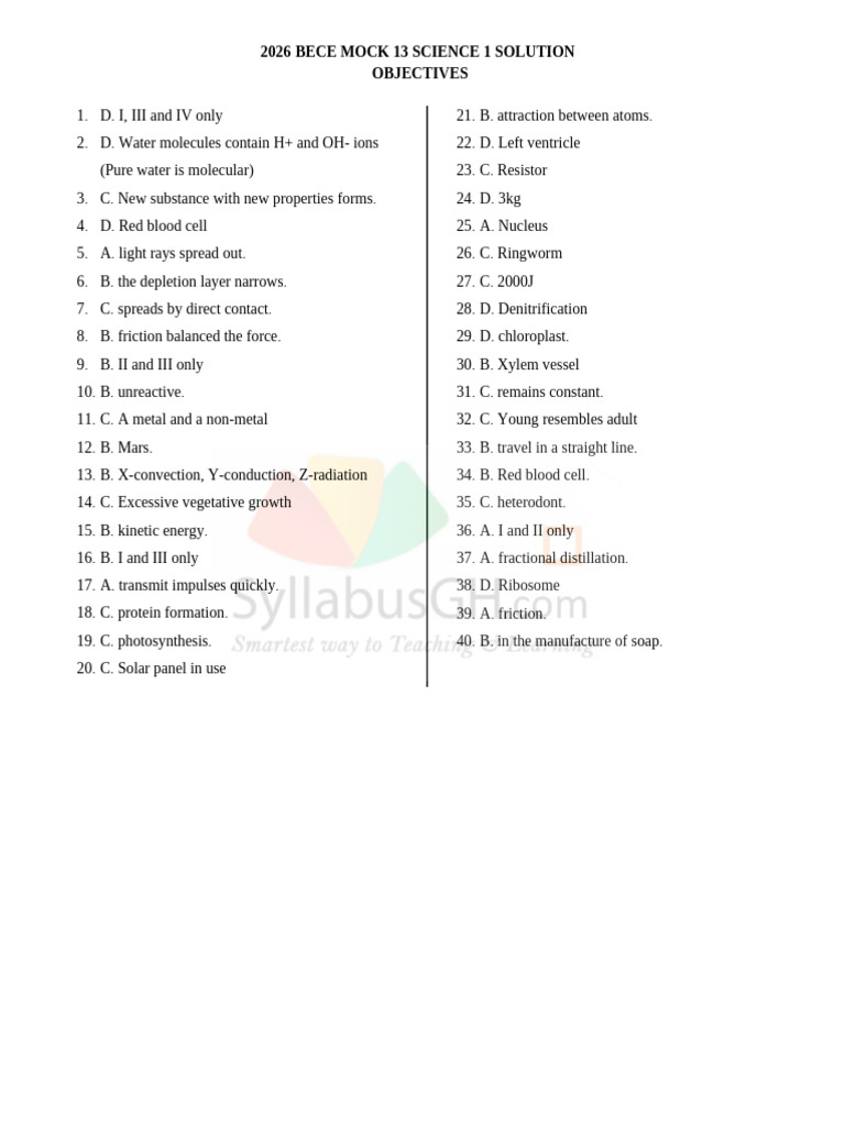 2026 Bece Mock 13 Science 1 Solution | PDF