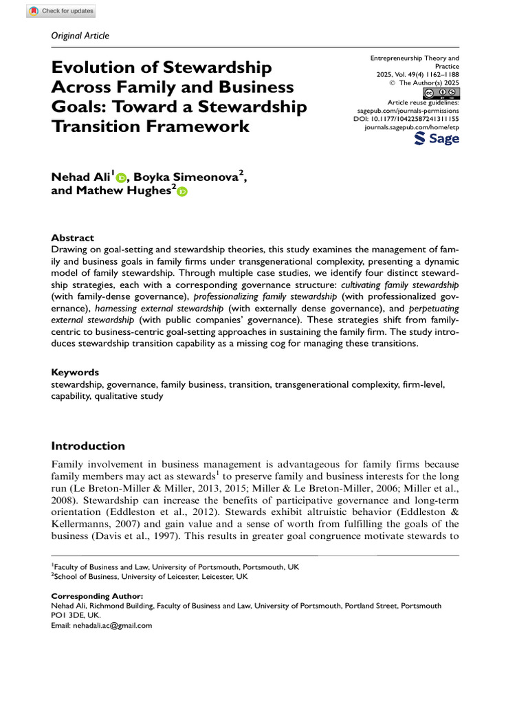 Evolution of Stewardship Across Family and Business Goals: Toward a ...