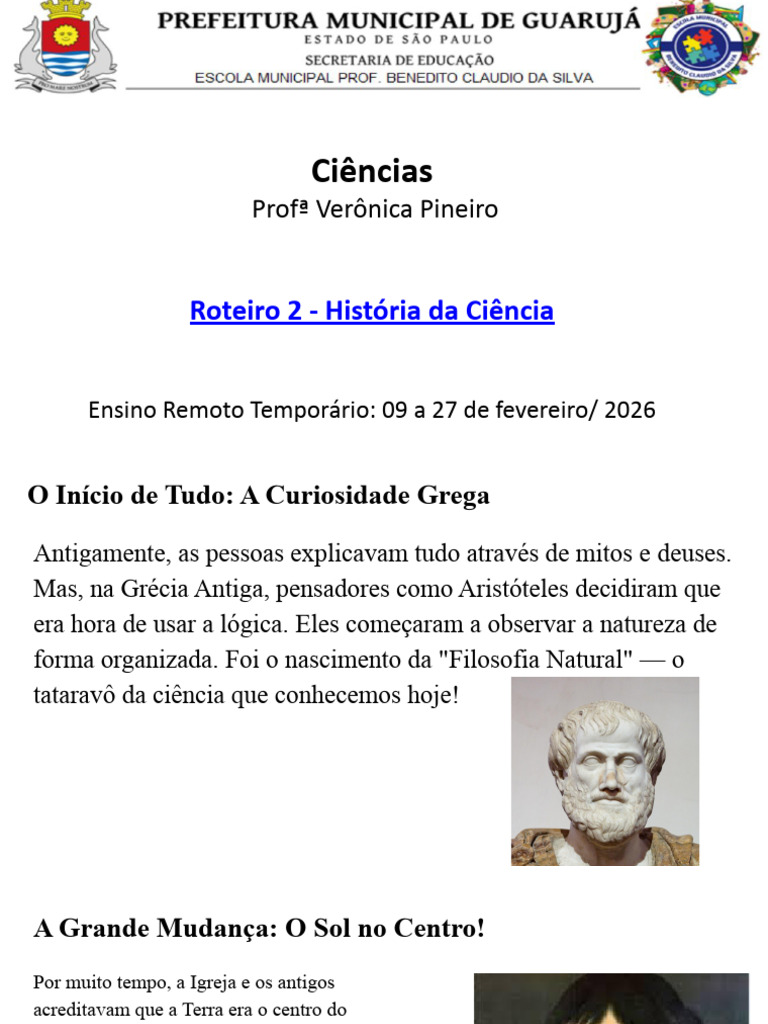 Roteiro 2 Ciências Fev 2026 ProfVerônica | PDF | Science | História da ...
