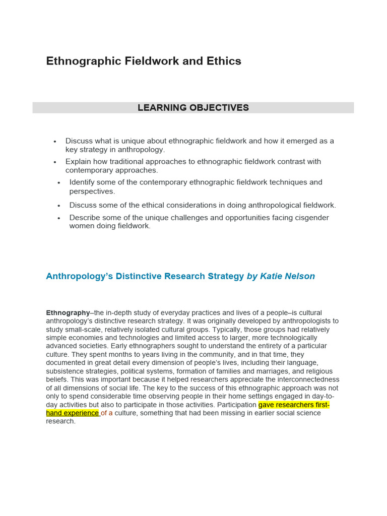 Ethnographic Fieldwork and Ethics 2 | PDF | Ethnography | Anthropology