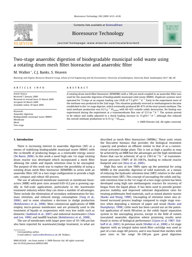 Two Stage Anaerobic Digestion of Biodegradable Municipal Solid Waste ...