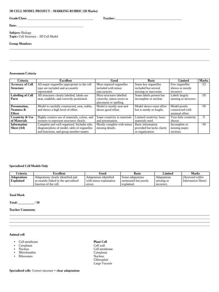 3d Cell Model Project Rubric | PDF | Cell (Biology) | Organelle