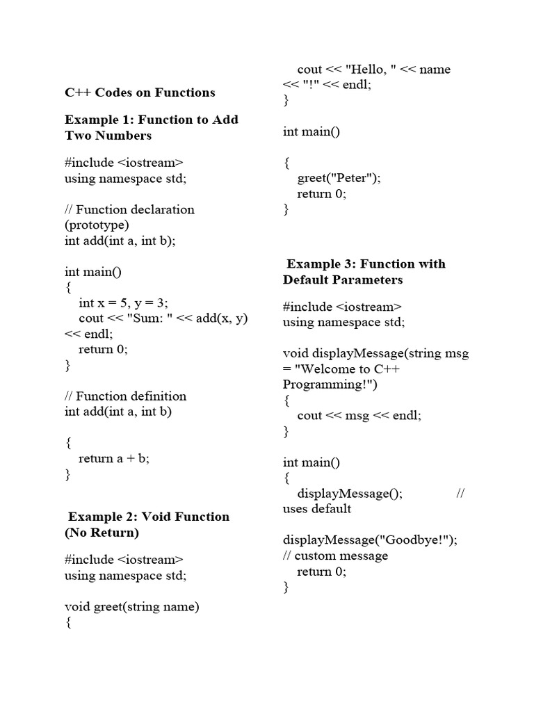 C++ Codes Functions | PDF | Parameter (Computer Programming) | Namespace