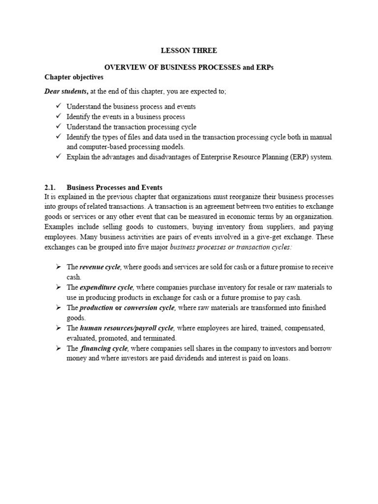 Lesson 3 - Business Processes and ERPs | PDF | Enterprise Resource ...